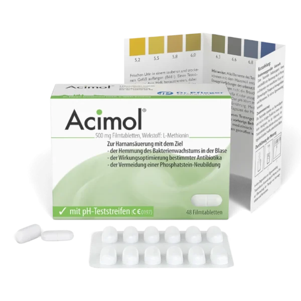 Acimol 500 mg 48 Filmtabletten mit pH-Teststreifen – Harnansäuerung mit L-Methionin