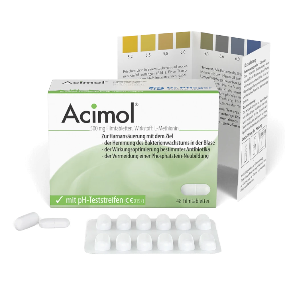 Acimol 500 mg 48 Filmtabletten mit pH-Teststreifen – Harnansäuerung mit L-Methionin