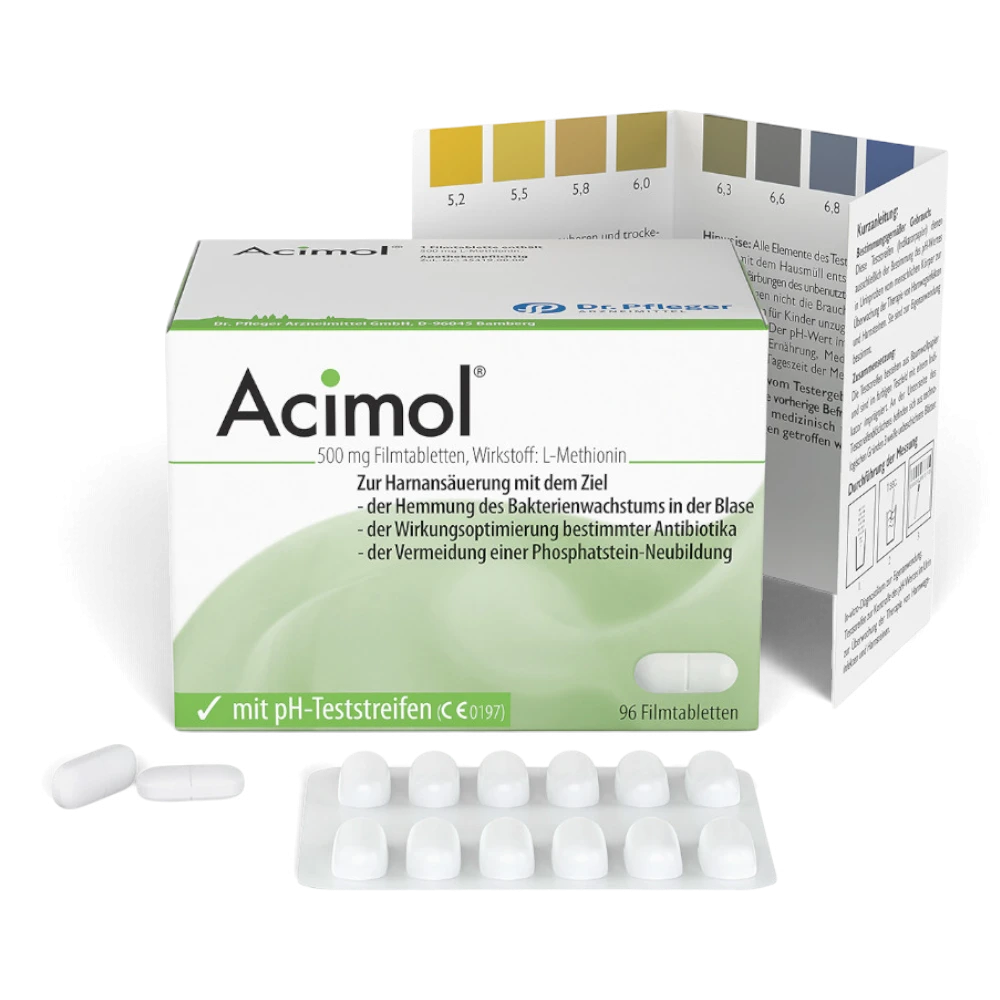 Acimol 500 mg 96 Filmtabletten mit pH-Teststreifen – Harnansäuerung mit L-Methionin